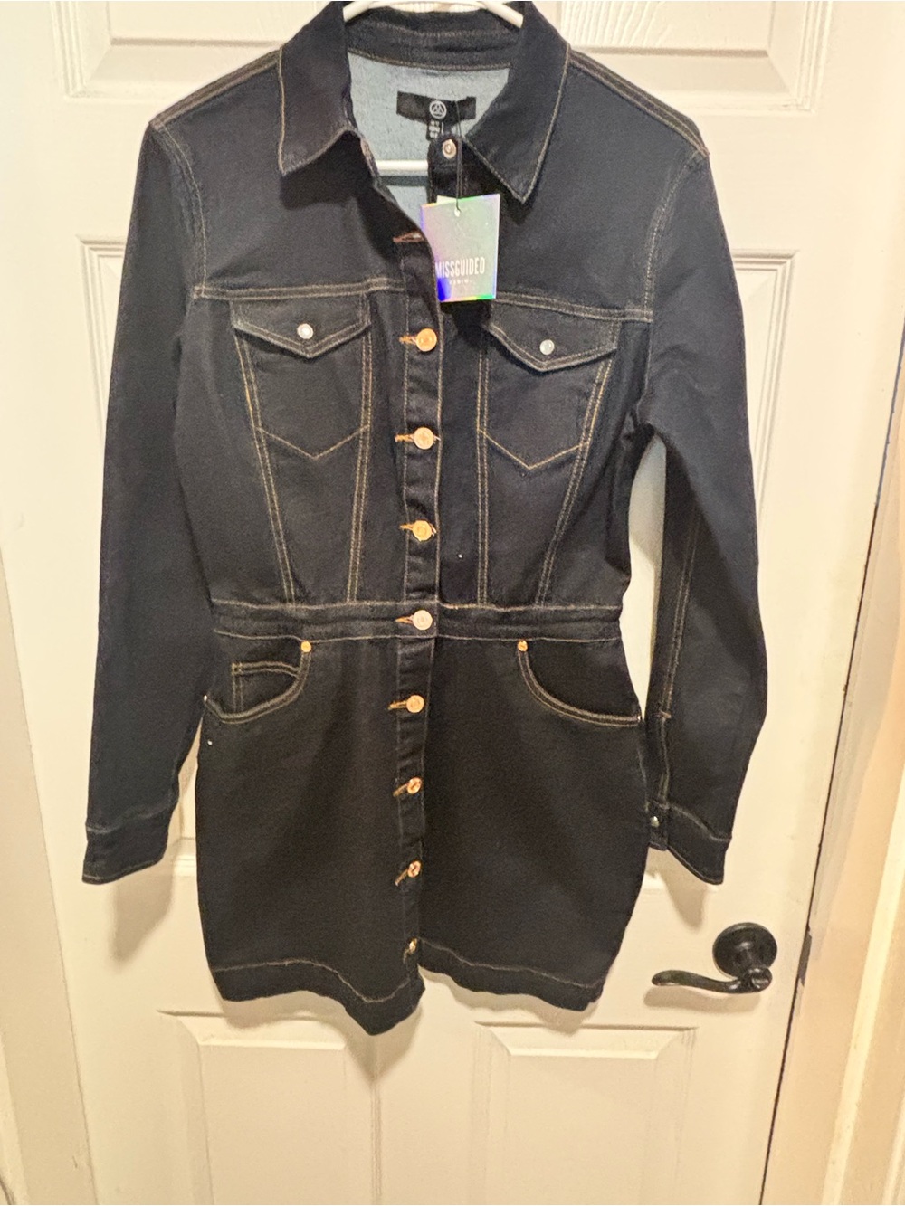 Missguided Navy Denim Dress with Contrast Stitching
